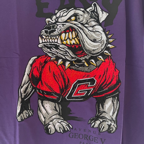 Avenue George V Paris Men's purple T-Shirt Crystal rhinestone bulldog fitted tee - Picture 4 of 8